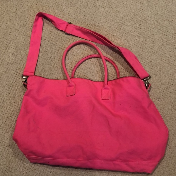 Victorias Secret Large Tote Shoulder Bag Bright Pink Strap Travel Beach Weekend - Picture 2 of 15